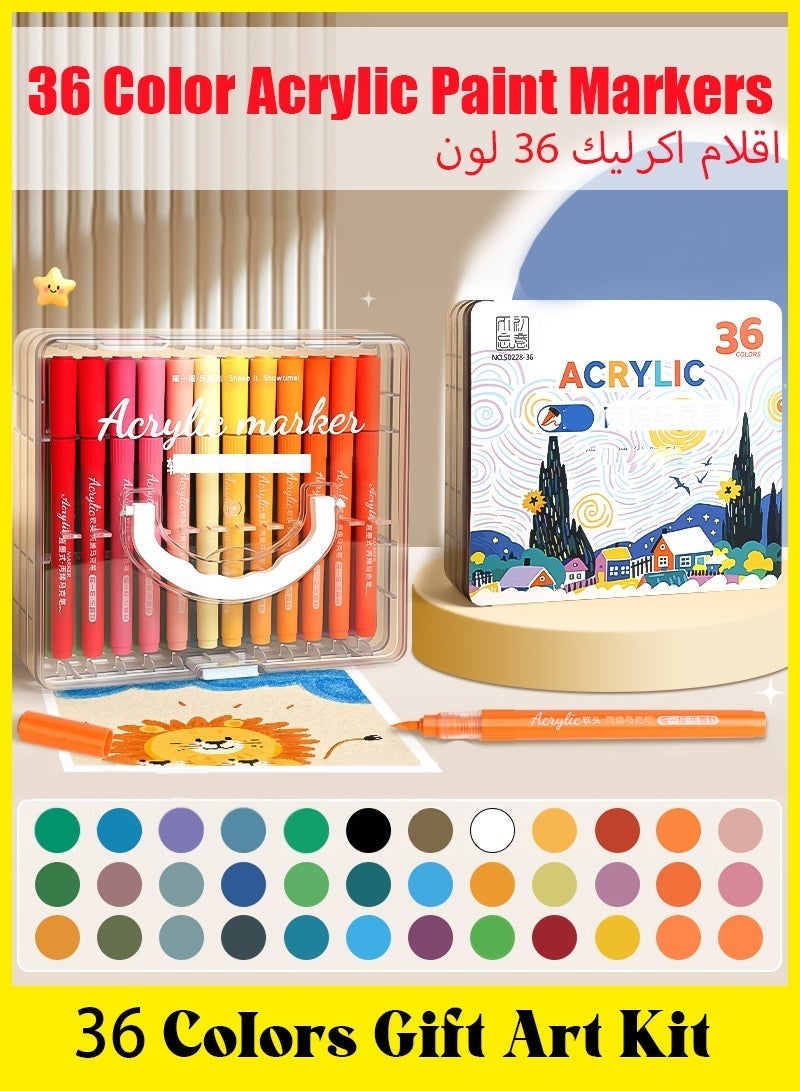 Acrylic Markers 36 Colors Acrylic Paint Pens Soft Brush Tip Quick Dry Colored Markers Art Supplies for DIY Crafts School Kids Painting Set - Image 1