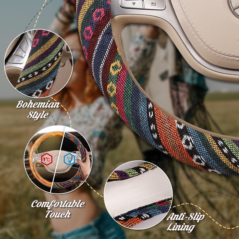SEG Direct Boho Steering Wheel Cover with Baja Blanket Cloth, Ethnic Style Auto Wheel Cover Made of Coarse Flax, Fits 14 1/2-15 1/4 inches Car Wheel - Image 4
