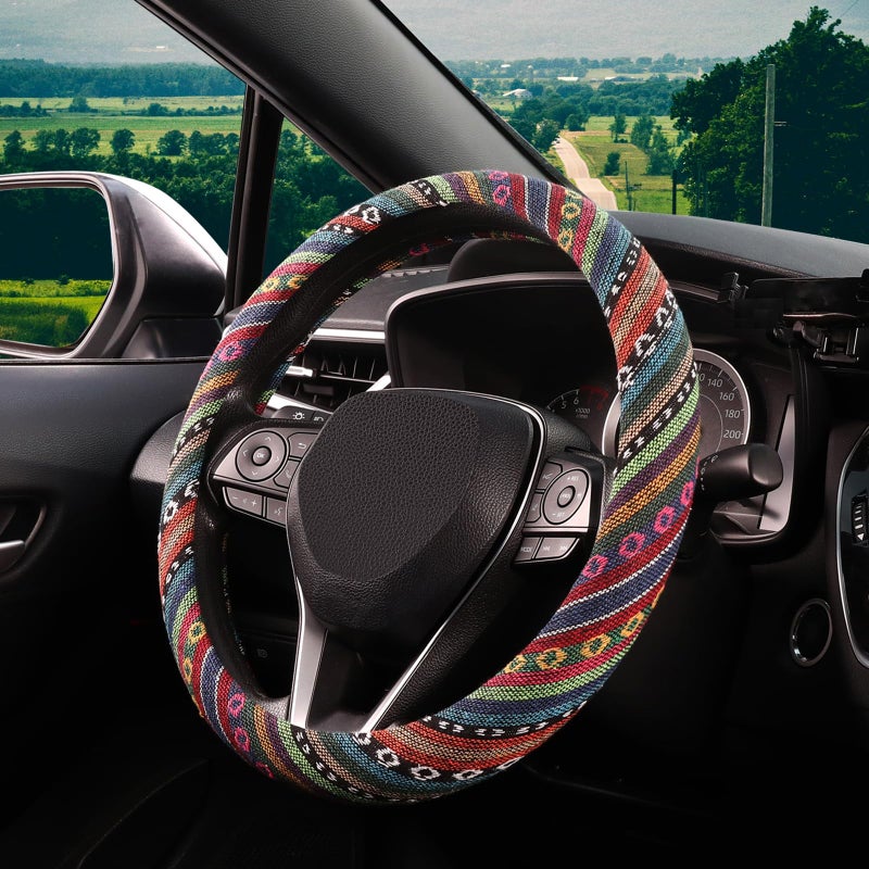 SEG Direct Boho Steering Wheel Cover with Baja Blanket Cloth, Ethnic Style Auto Wheel Cover Made of Coarse Flax, Fits 14 1/2-15 1/4 inches Car Wheel - Image 2