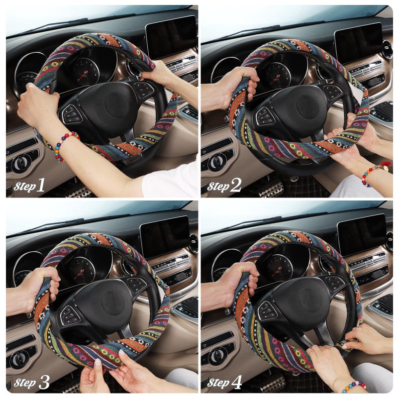 SEG Direct Boho Steering Wheel Cover with Baja Blanket Cloth, Ethnic Style Auto Wheel Cover Made of Coarse Flax, Fits 14 1/2-15 1/4 inches Car Wheel - Image 5