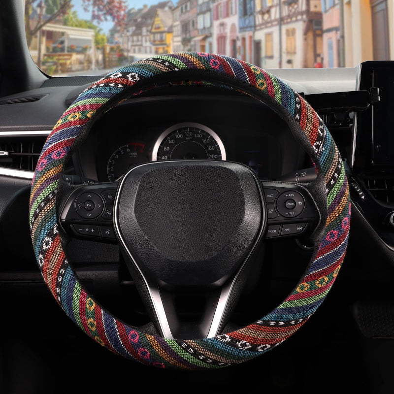SEG Direct Boho Steering Wheel Cover with Baja Blanket Cloth, Ethnic Style Auto Wheel Cover Made of Coarse Flax, Fits 14 1/2-15 1/4 inches Car Wheel - Image 1
