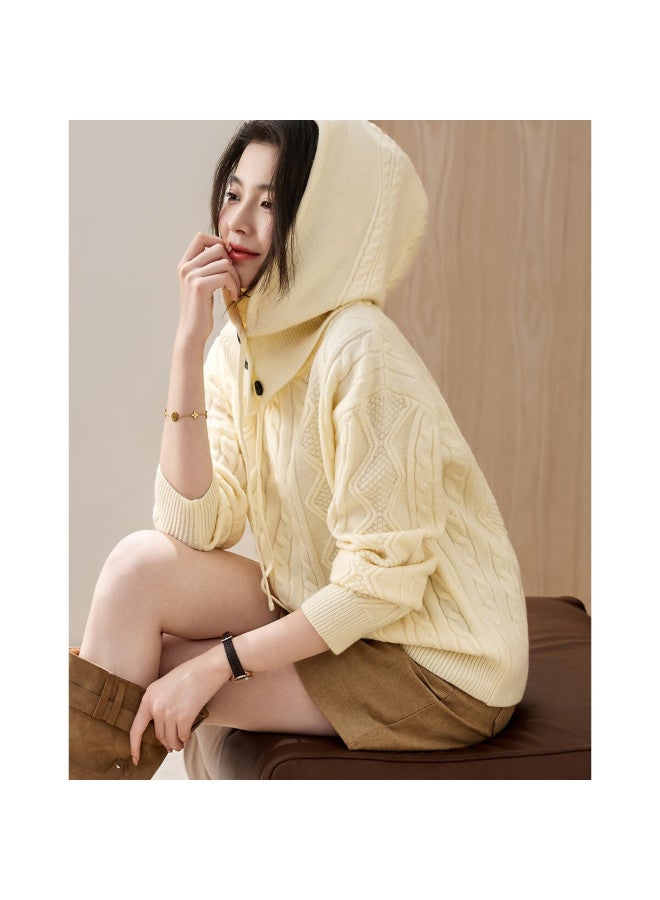 Dme Winter Detachable Hood Round Neck Cable Knit Sweater For Women - Image 1