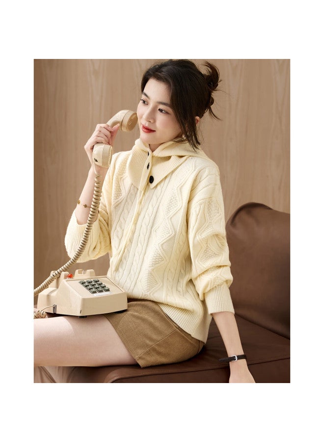 Dme Winter Detachable Hood Round Neck Cable Knit Sweater For Women - Image 5