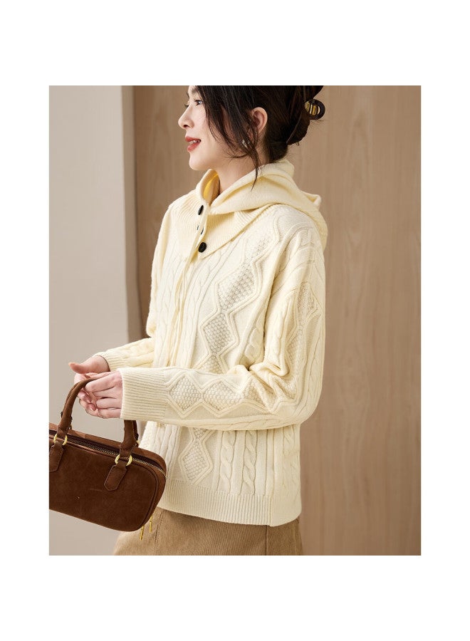 Dme Winter Detachable Hood Round Neck Cable Knit Sweater For Women - Image 3