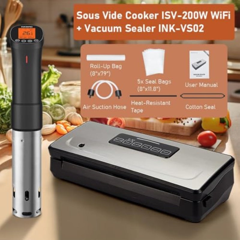 تتضمن مجموعة Sous Vide Combo جهاز تدوير غمر WIFI ذكي مع مؤقت ووصفات وآلة ختم فراغ جافة/رطبة مع قوة شفط 85 كيلو باسكال للطهي الدقيق في المنزل وطهي الطعام في حمام مائي - Image 2