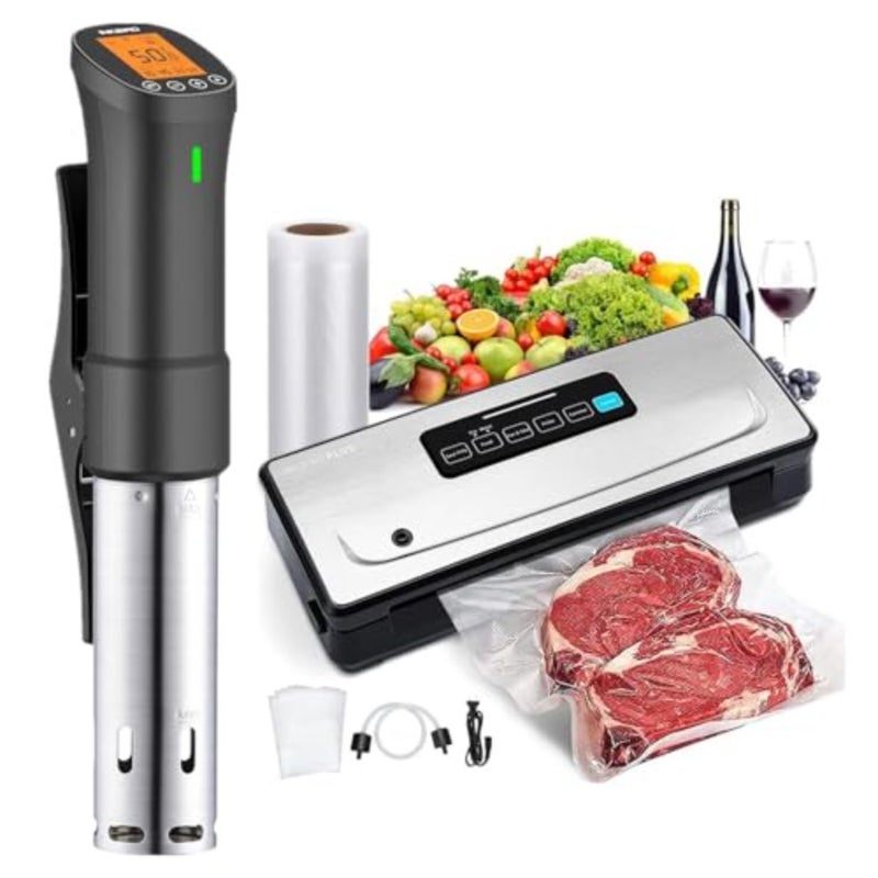 تتضمن مجموعة Sous Vide Combo جهاز تدوير غمر WIFI ذكي مع مؤقت ووصفات وآلة ختم فراغ جافة/رطبة مع قوة شفط 85 كيلو باسكال للطهي الدقيق في المنزل وطهي الطعام في حمام مائي - Image 1