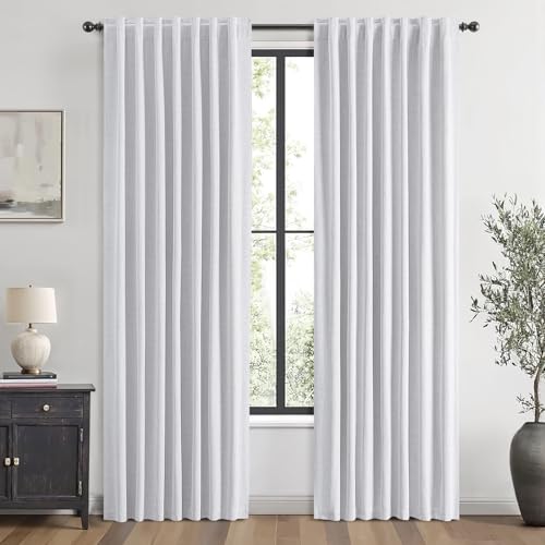 MIULEE 100% Blackout Linen Curtains for Bedroom, Grayish White Solid Luxury Decor Thermal Insulation Room Darkening Drapes for Living Room Nursery Back Tab Rod Pocket 42 x 84 Inches, 2 Panels