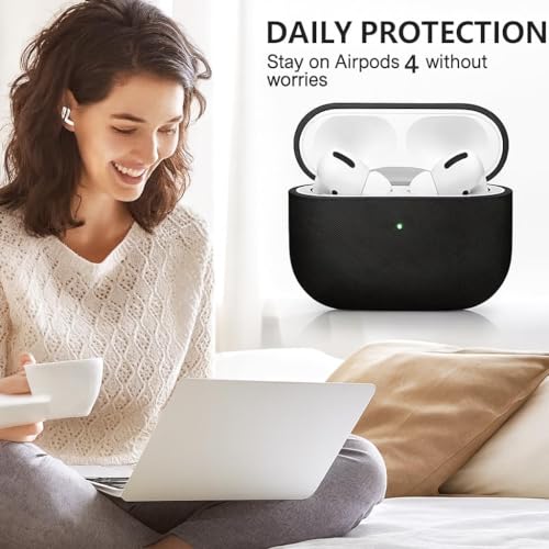 EMOH ROCED AirPods 4 Case Cover with Lanyard, Premium Leather Texture Full Body Protective Case for Apple AirPods 4th Generation, Shockproof & Anti-Scratch with Front LED Visible - (Matte Black) - Image 3