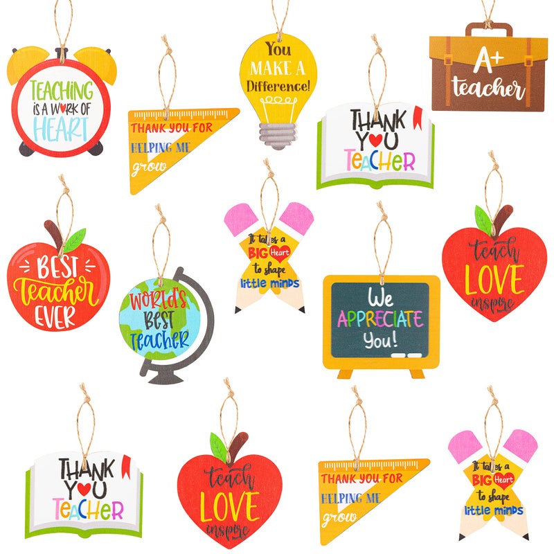 WATINC 31PCS Teacher Appreciation Wooden Ornaments Graduation Hanging Pendants Decoration Thanksgiving Party Favor Thank You Teachers First and Last Day of School Back to School for Classroom Decor