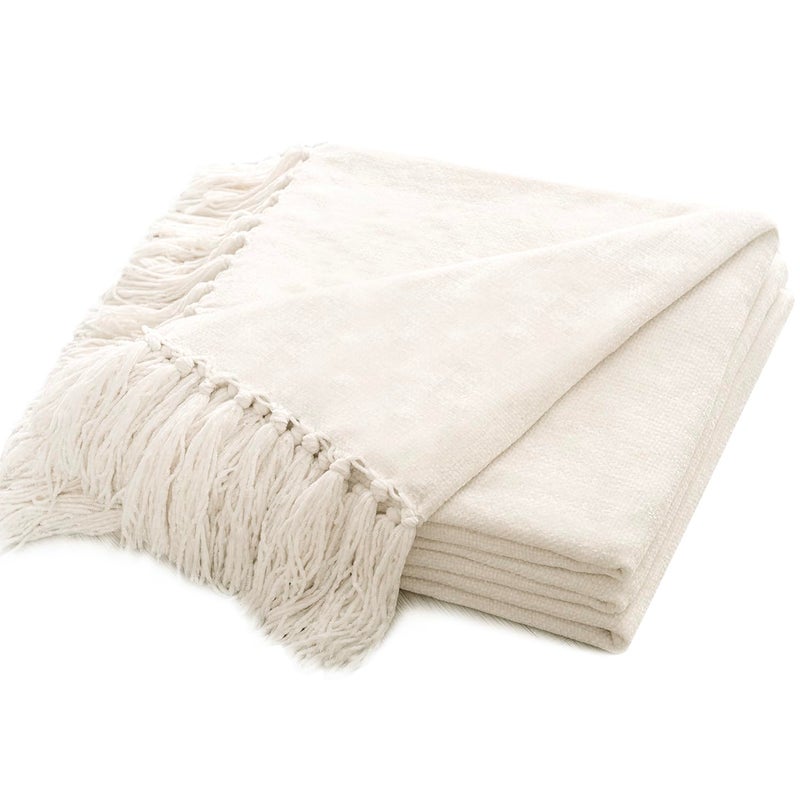 RECYCO Throw Blanket Soft Cozy Chenille Throw Blanket with Fringe Tassel for Couch Sofa Chair Bed Living Room Gift Ivory White 50 x 60