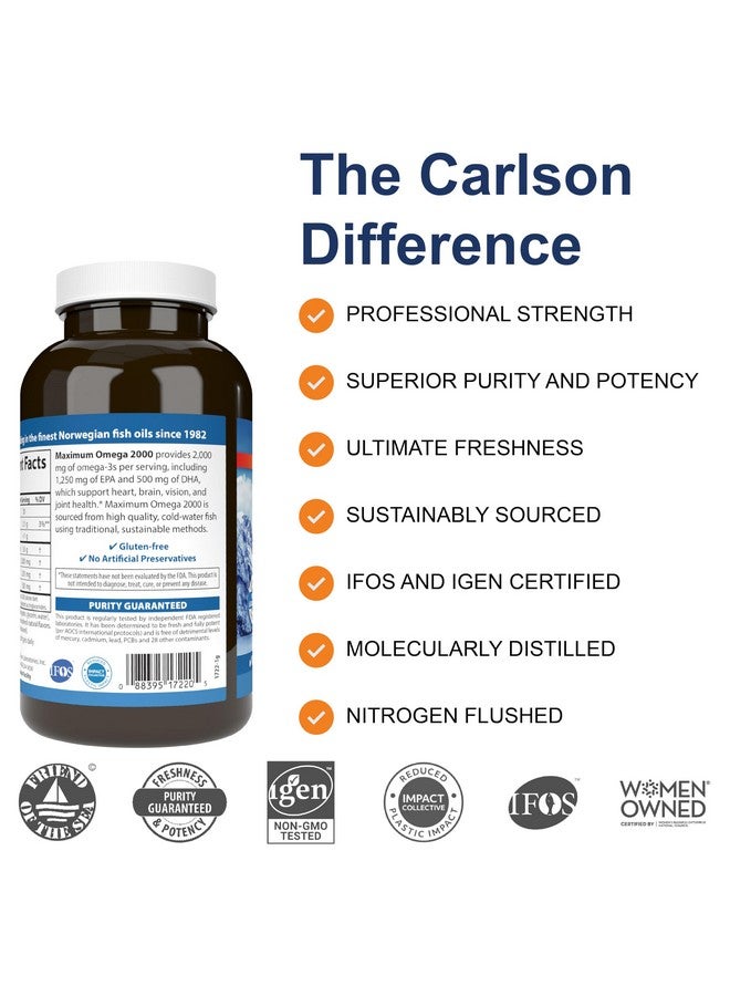 Carlson كارلسون - أوميغا القصوى 2000، 2000 ملغ من أحماض أوميغا-3 الدهنية بما في ذلك EPA و DHA، زيت سمك نرويجي من الصيد البري، مكمل زيت السمك المستدام، بنكهة الليمون، 180 كبسولة لينة - Image 2