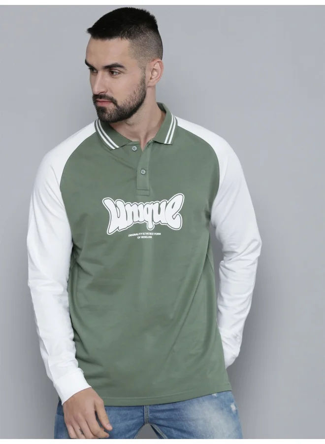 Maniac Maniac Men Printed Round Neck Full Sleeve Hunter Green & White Cotton T-Shirt