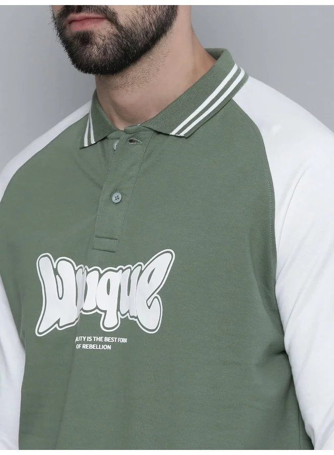 Maniac Maniac Men Printed Round Neck Full Sleeve Hunter Green & White Cotton T-Shirt
