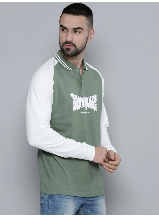 Maniac Maniac Men Printed Round Neck Full Sleeve Hunter Green & White Cotton T-Shirt