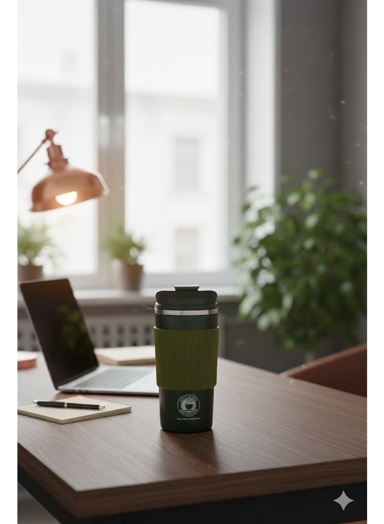 Biki 500ml Thermal Coffee Mug - Stainless Steel with Silicone Lid - Dark Green - Image 1
