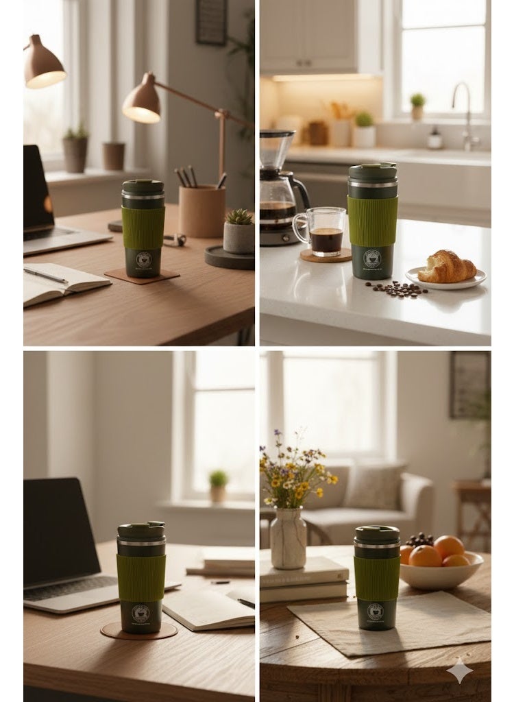 Biki 500ml Thermal Coffee Mug - Stainless Steel with Silicone Lid - Dark Green - Image 2