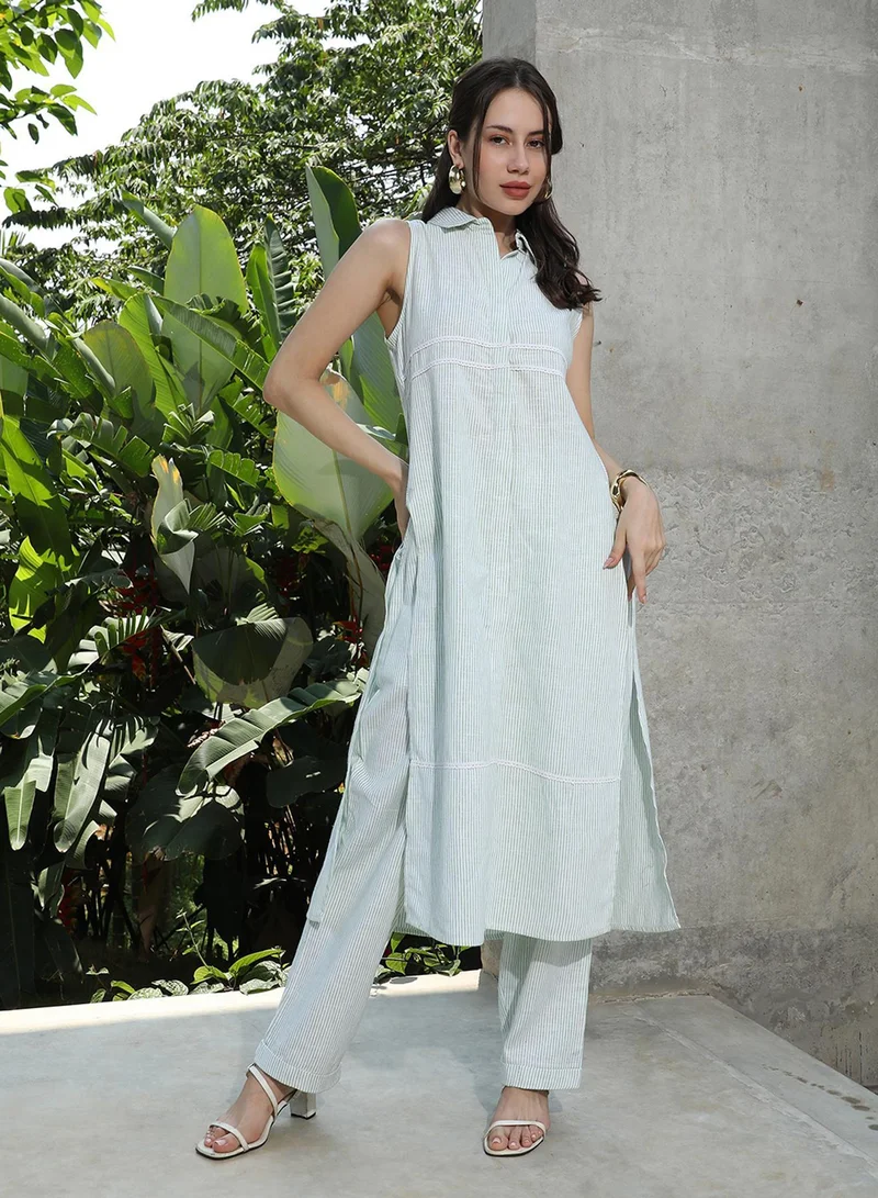  قصة Women's Kelly Green & Cream White Pinstriped Kurta Set