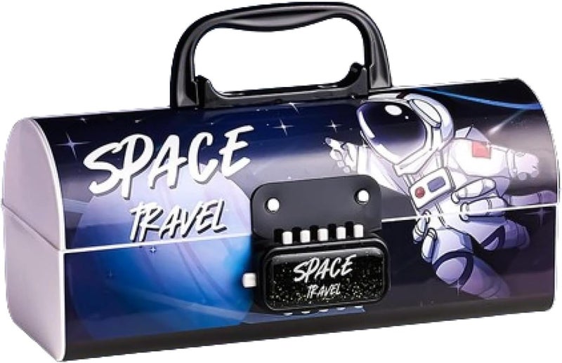 Invite Enterprise Invite Multilayer Password Lock Pencil Box - Large Capacity Cartoon Print Pen Case for Girls & Boys | Stylish School Stationery Organizer for Kids (Space-Dark Blue Color) - Image 1