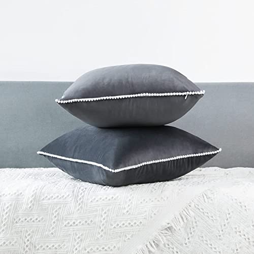 CottonFry Set of 2 Soft Velvet Cushion Covers Pillowcases Square Decorative Bubble pom pom lace Throw Pillow Covers - Image 2
