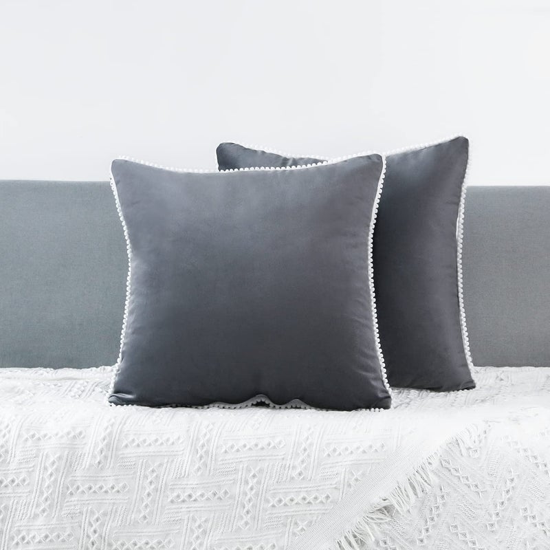 CottonFry Set of 2 Soft Velvet Cushion Covers Pillowcases Square Decorative Bubble pom pom lace Throw Pillow Covers - Image 5