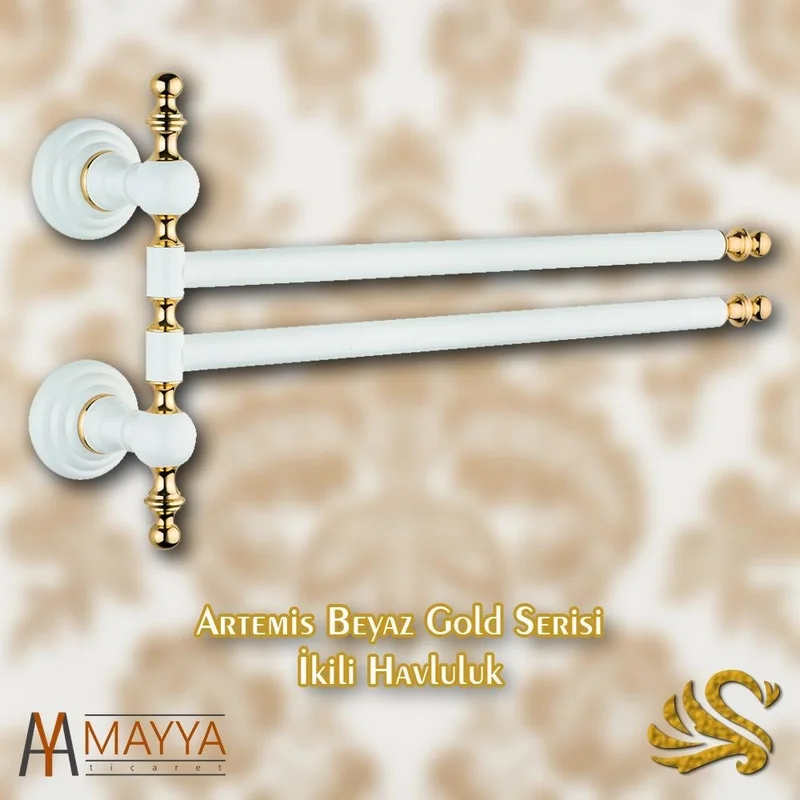 Saray Banyo Saray Bathroom Artemis White Gold Double Swivel Towel Rail