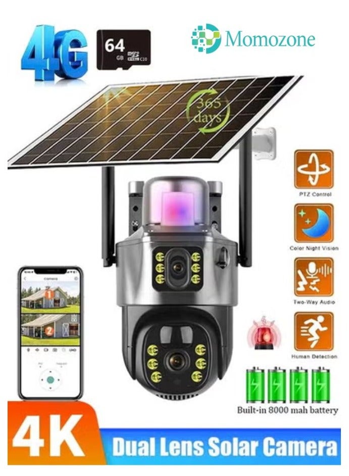 Momozone كاميرا شمسية 4K بدقة 8 ميجابكسل، كاميرا PTZ خارجية بشريحتين، كاميرا IP مع لوحة شمسية، نظام أمان CCTV مع بطارية مدمجة ومستشعر PIR (مع بطاقة SD بسعة 64GB) - Image 1