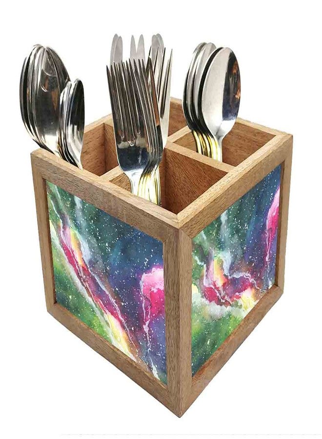 Nutcase Wooden Cutlery Stand Holder Silverware Caddy Spoons Forks Knives Organizer for Dining Table & Kitchen -Made in India-Spoons NOT Included - Space Green Watercolor - Image 1