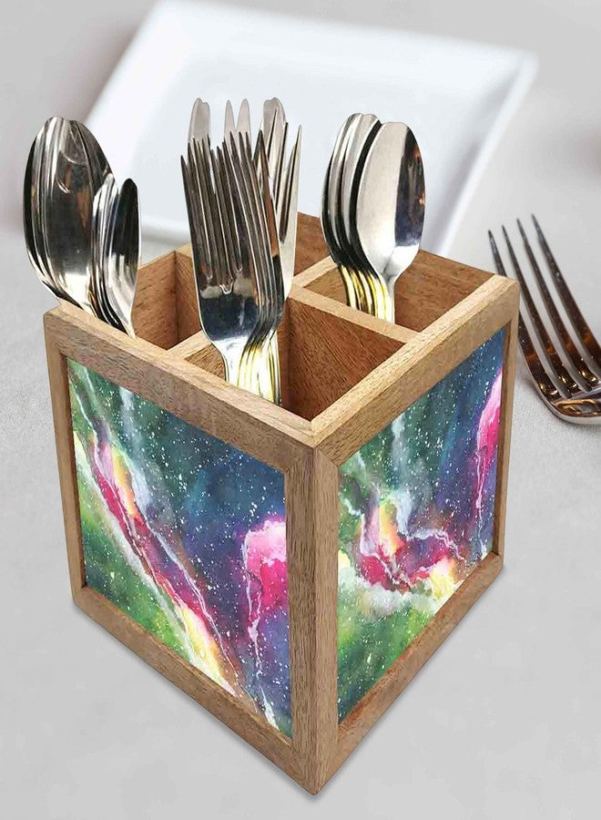 Nutcase Wooden Cutlery Stand Holder Silverware Caddy Spoons Forks Knives Organizer for Dining Table & Kitchen -Made in India-Spoons NOT Included - Space Green Watercolor - Image 2
