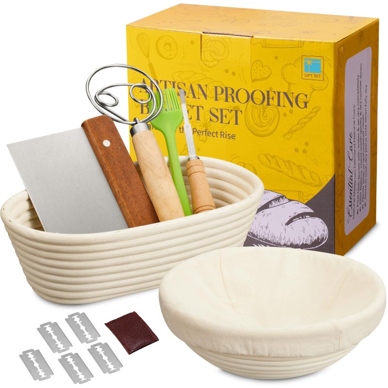 Dimpola Banneton Bread Proofing Basket - Banneton Basket Set Sourdough Proofing Basket Round Proofing Bowls Handmade Rattan Baskets and Liners (Oval & Round Gift Set) - Image 1