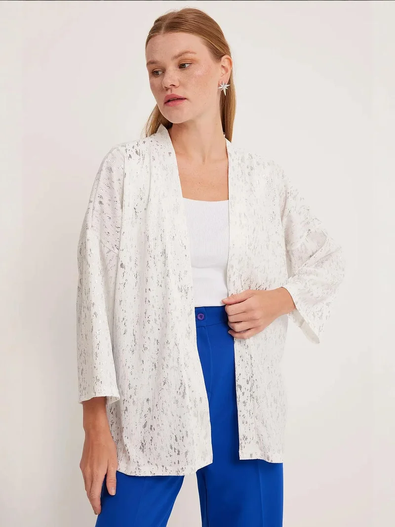 BIG DART BDART Printed Pompom Trim Shawl Collar Kimono