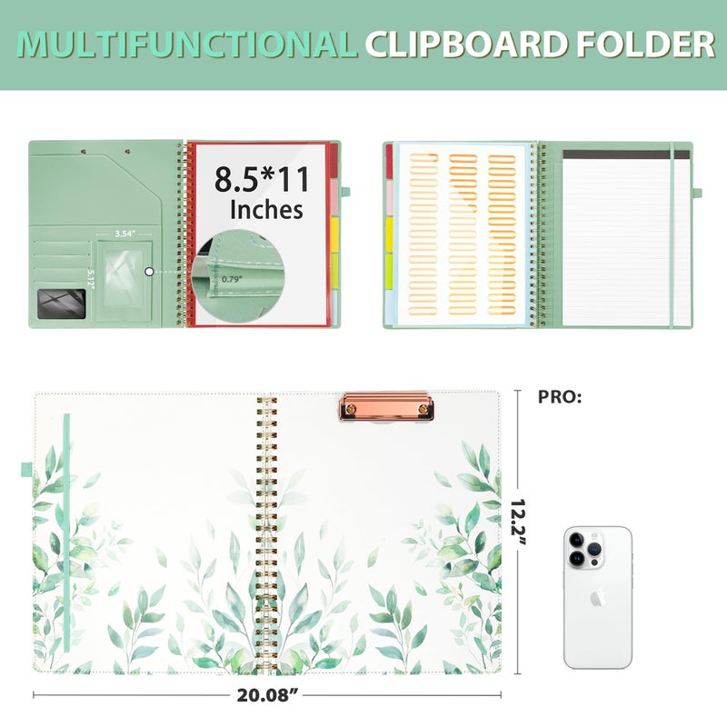 Ospelelf Clipboard with Storage, Leather Padfolio Portfolio Organizer 5 Folders with 10 Pockets, Spiral Clipboard Folio with Notepad for Letter Size, Elastic Closure and Pen Loop Green Plants - Image 2
