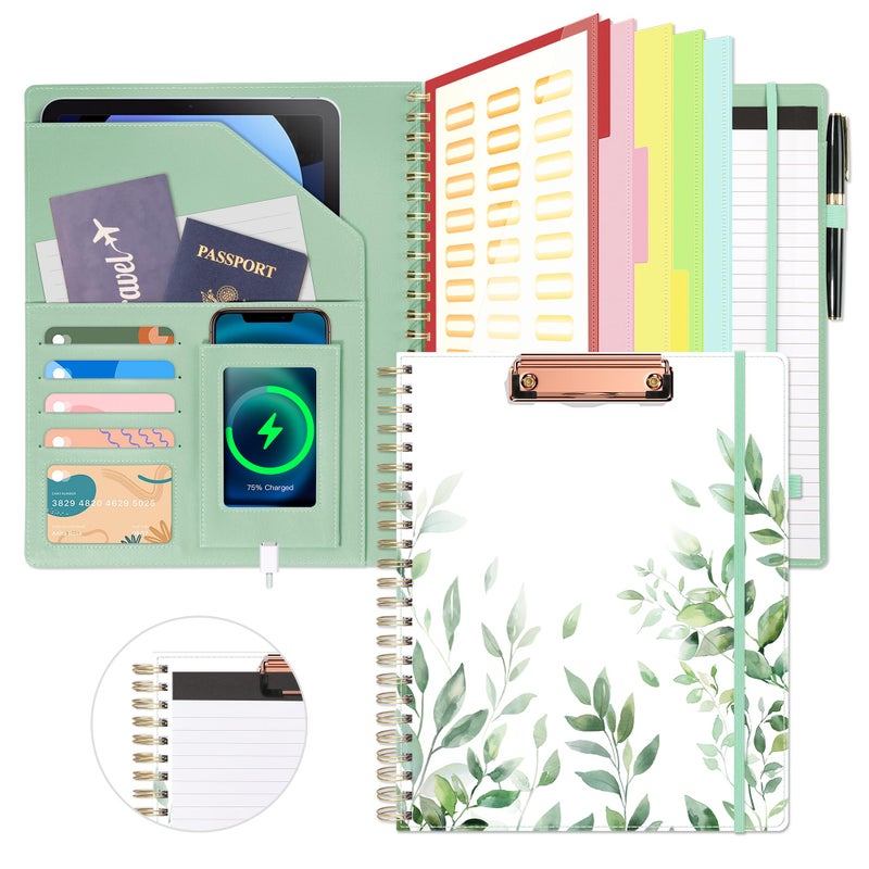 Ospelelf Clipboard with Storage, Leather Padfolio Portfolio Organizer 5 Folders with 10 Pockets, Spiral Clipboard Folio with Notepad for Letter Size, Elastic Closure and Pen Loop Green Plants - Image 1