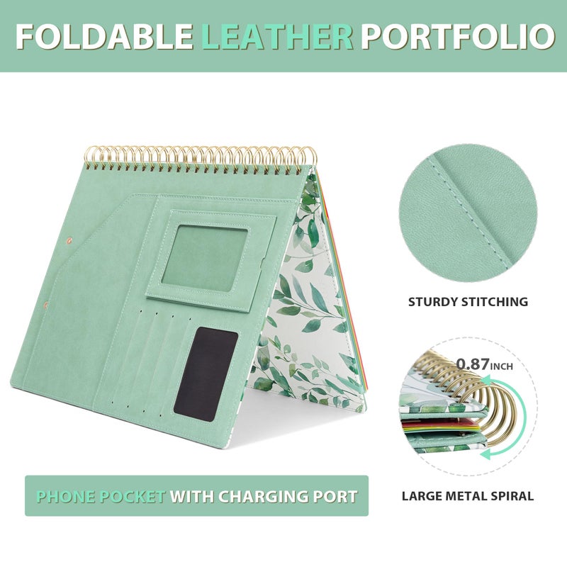 Ospelelf Clipboard with Storage, Leather Padfolio Portfolio Organizer 5 Folders with 10 Pockets, Spiral Clipboard Folio with Notepad for Letter Size, Elastic Closure and Pen Loop Green Plants - Image 5