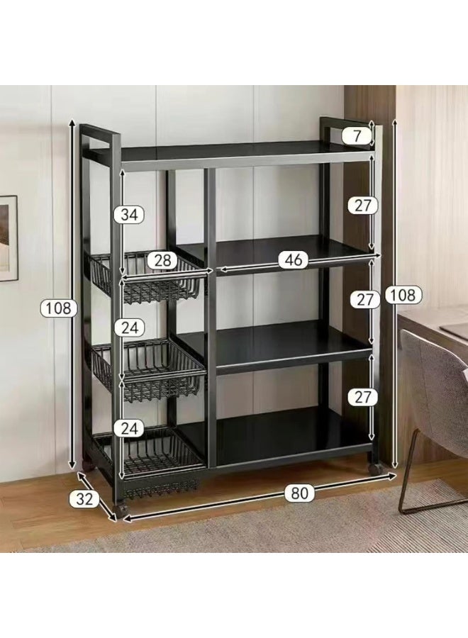 Kitchen Storage Trolley on Wheels, 4-Tier Kitchen Storage Shelf Unit Vegetable Rack Metal Shelving Unit with 3 Removable Baskets, Heavy-Duty Mobile Utility Serving Cart, Black - Image 3