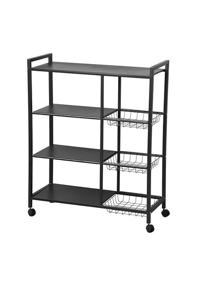 Kitchen Storage Trolley on Wheels, 4-Tier Kitchen Storage Shelf Unit Vegetable Rack Metal Shelving Unit with 3 Removable Baskets, Heavy-Duty Mobile Utility Serving Cart, Black - Image 1