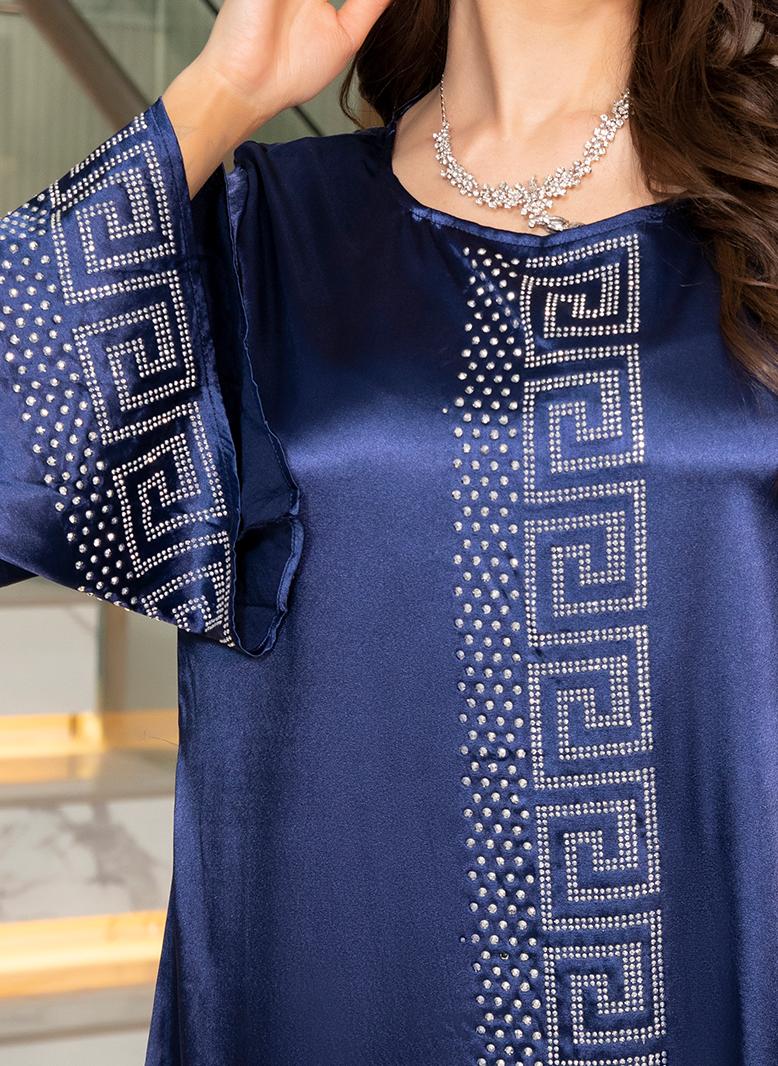 Elegant style Round neck Solid color Color contrast Rhinestone Flared sleeve Kaftan Navy Blue