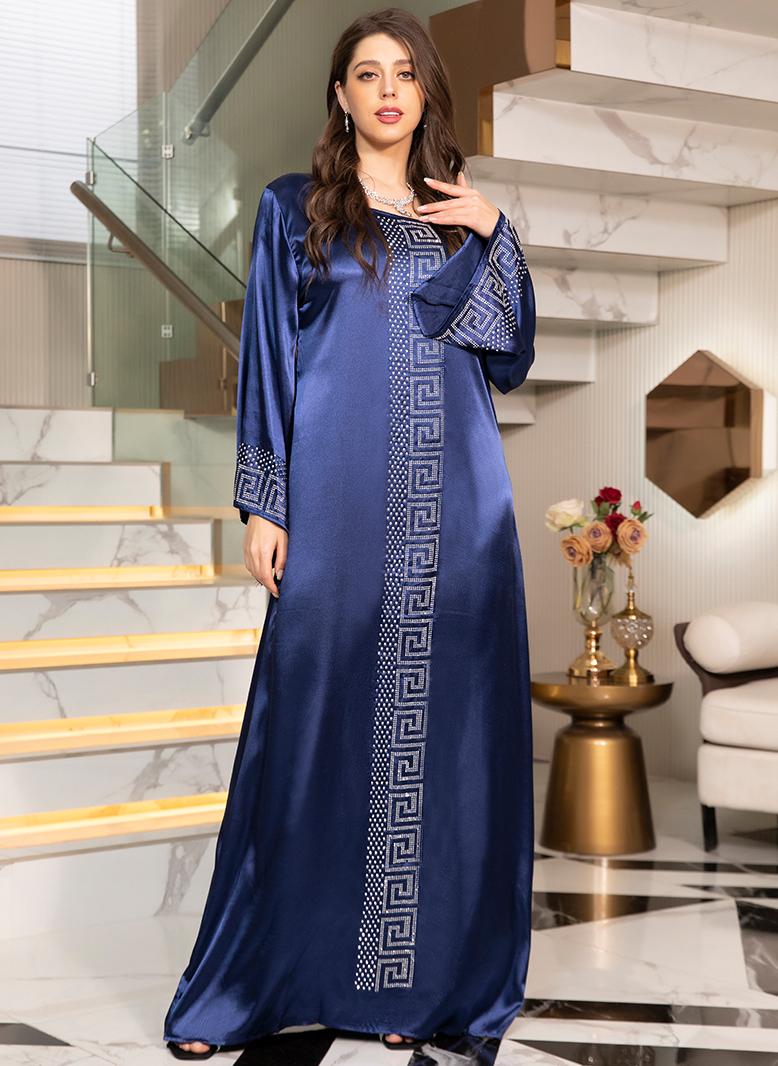 Elegant style Round neck Solid color Color contrast Rhinestone Flared sleeve Kaftan Navy Blue