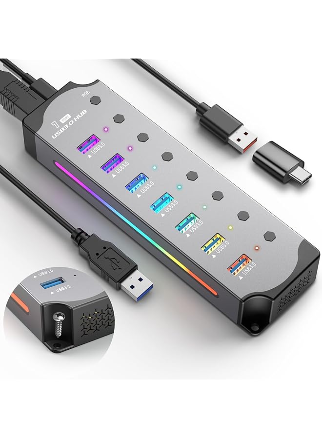 erorex Usb 3.0 Hub Aluminum Housing 7 Ports Splitter Hub With Individual Led On Off Switches 3.2Ft 1M Long Cable For Laptop Pc Flash Drive Mobile Hdd - Image 1