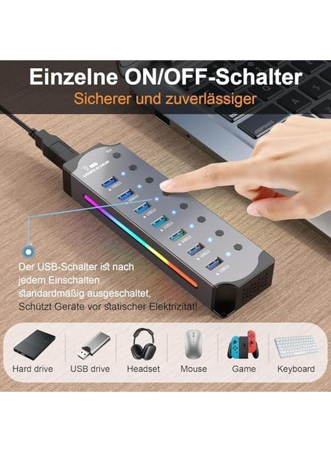 erorex Usb 3.0 Hub Aluminum Housing 7 Ports Splitter Hub With Individual Led On Off Switches 3.2Ft 1M Long Cable For Laptop Pc Flash Drive Mobile Hdd - Image 3