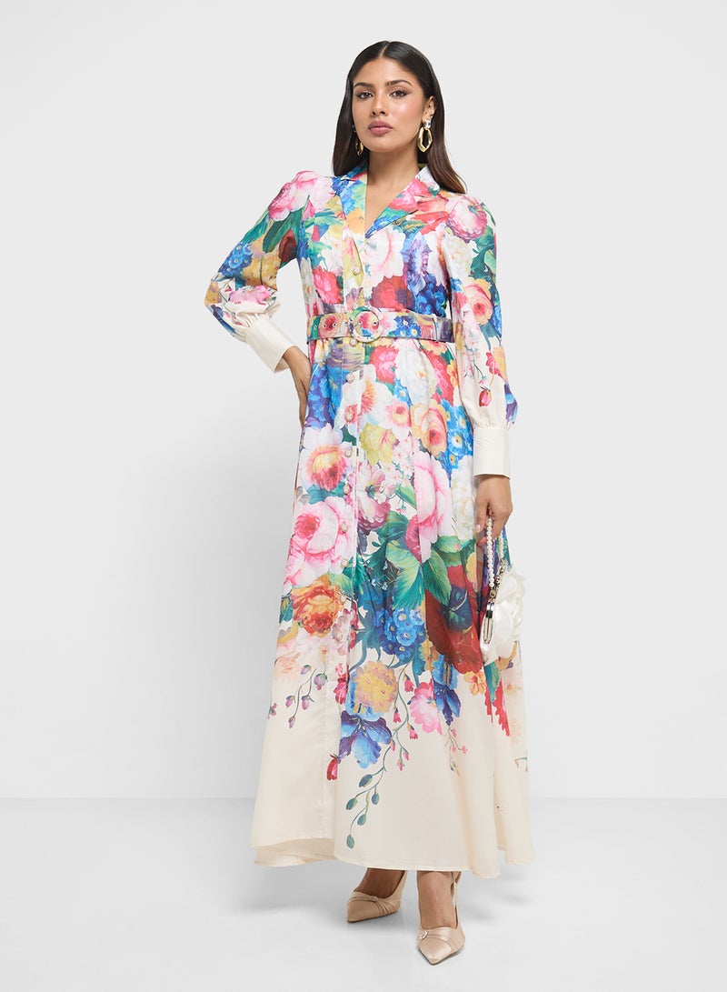 خزانة فستان ماكسي بحزام بنقشة الزهور - Image 4