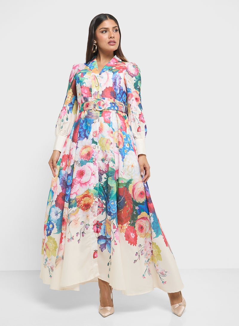 خزانة فستان ماكسي بحزام بنقشة الزهور - Image 1