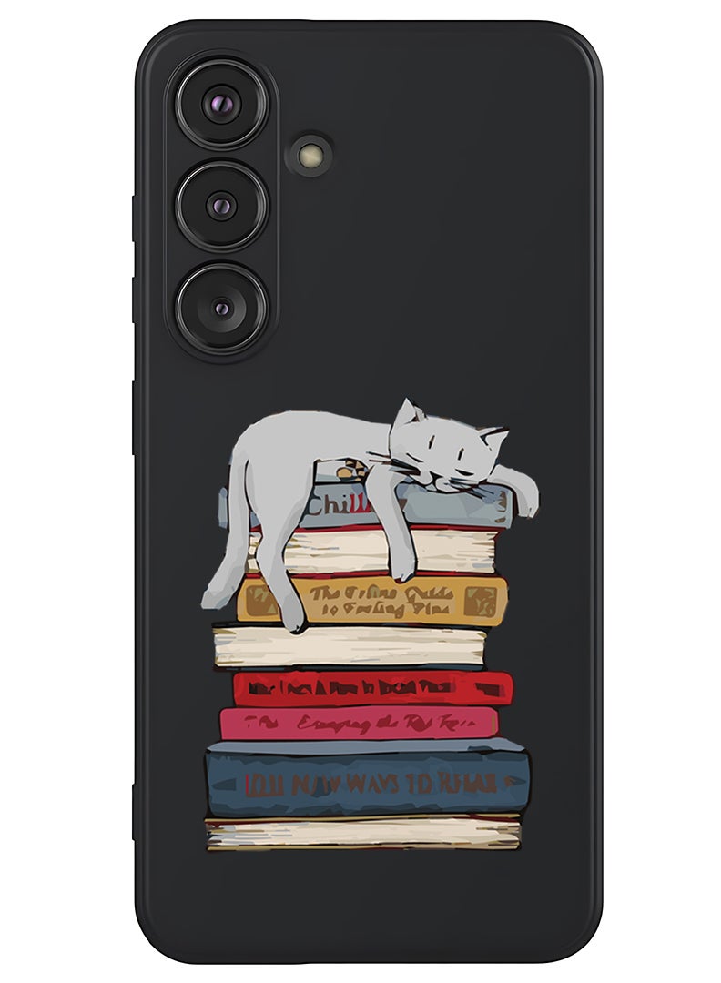 Theodor Protective Slim Fit Case Liquid Silicone Cover with Full Body Protection Anti-Scratch Shockproof Case For Samsung Galaxy S25 Plus (Black) - Cat on books - Image 1