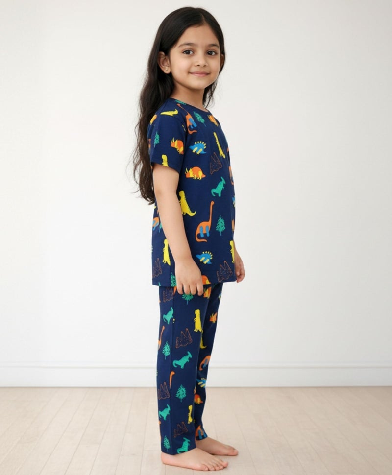 ANTHRILO Summer Dinosaur Fun Navy Girls Short Sleeve Pyjama Set - Navy - Image 4