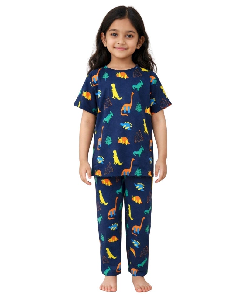 ANTHRILO Summer Dinosaur Fun Navy Girls Short Sleeve Pyjama Set - Navy - Image 1