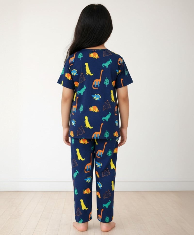 ANTHRILO Summer Dinosaur Fun Navy Girls Short Sleeve Pyjama Set - Navy - Image 3