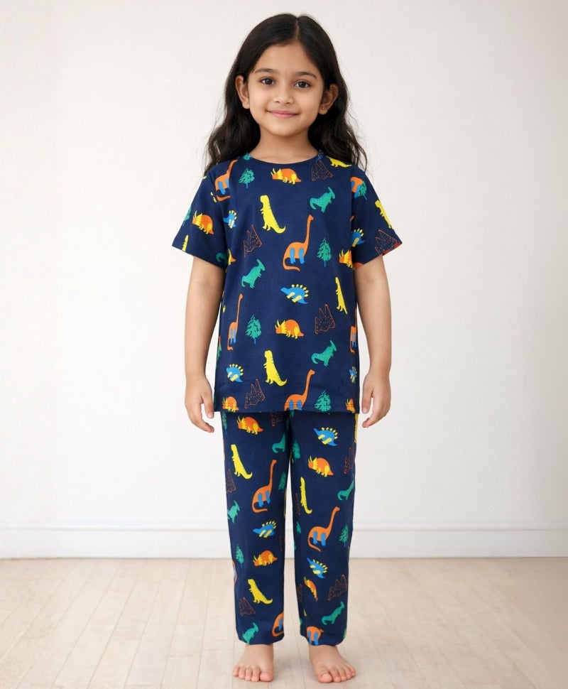 ANTHRILO Summer Dinosaur Fun Navy Girls Short Sleeve Pyjama Set - Navy - Image 2