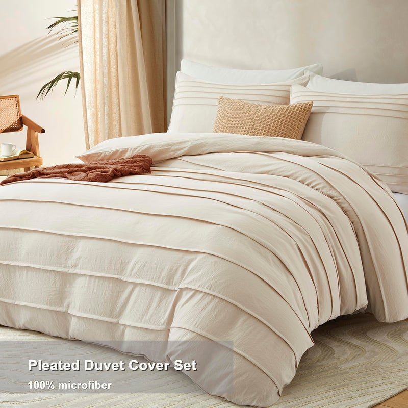 Oli Anderson Light Khaki Duvet Cover King Size - Pleated King Duvet Cover, 3PCS Soft and Breathable Textured Bedding Set with Zipper Closure(Light Khaki,104"x90") - Image 2