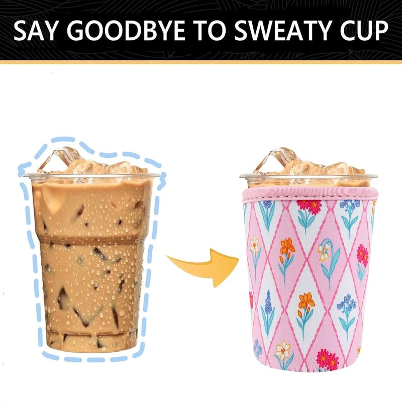 واي آر Reusable Neoprene Insulator Sleeve for Iced Coffee Cups, 3 Pack Coffee Coolies sleeves for Iced  Hot Drinks, Cold Beverage Cooler Compatible with Starbucks Coffee and More (Diamond Flower) - Image 3