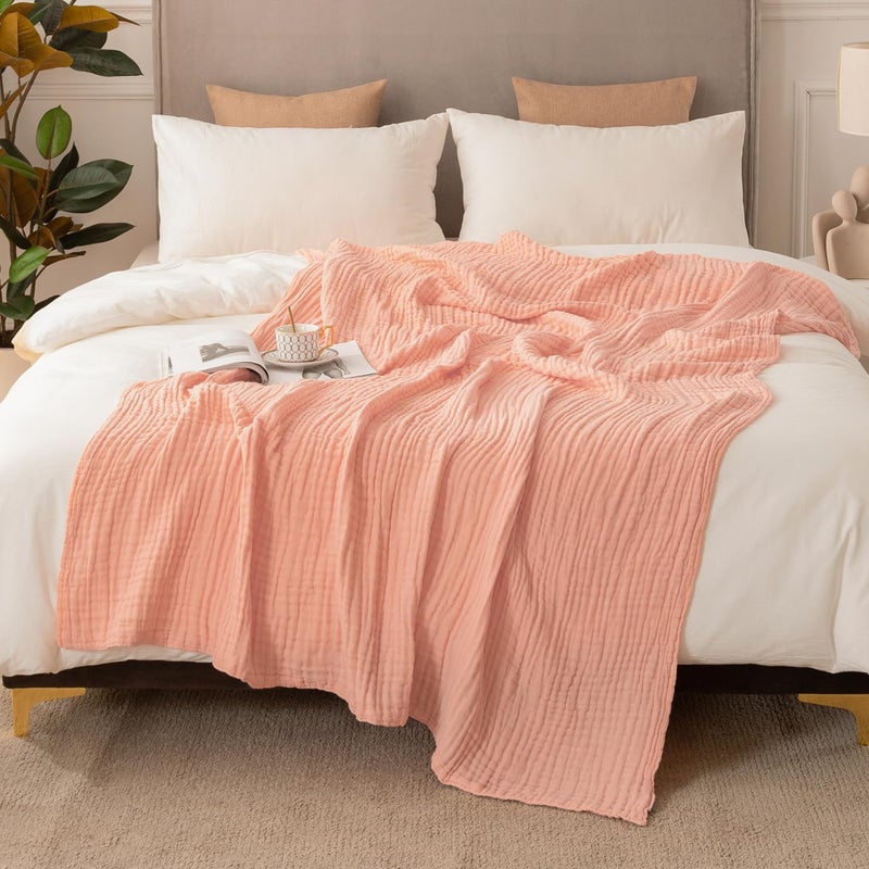 EMME Cotton Blanket Queen Size for Bed Soft Large Muslin Bed Blankets 90x90 Lightweight Breathable All Season Gauze Blanket Pink