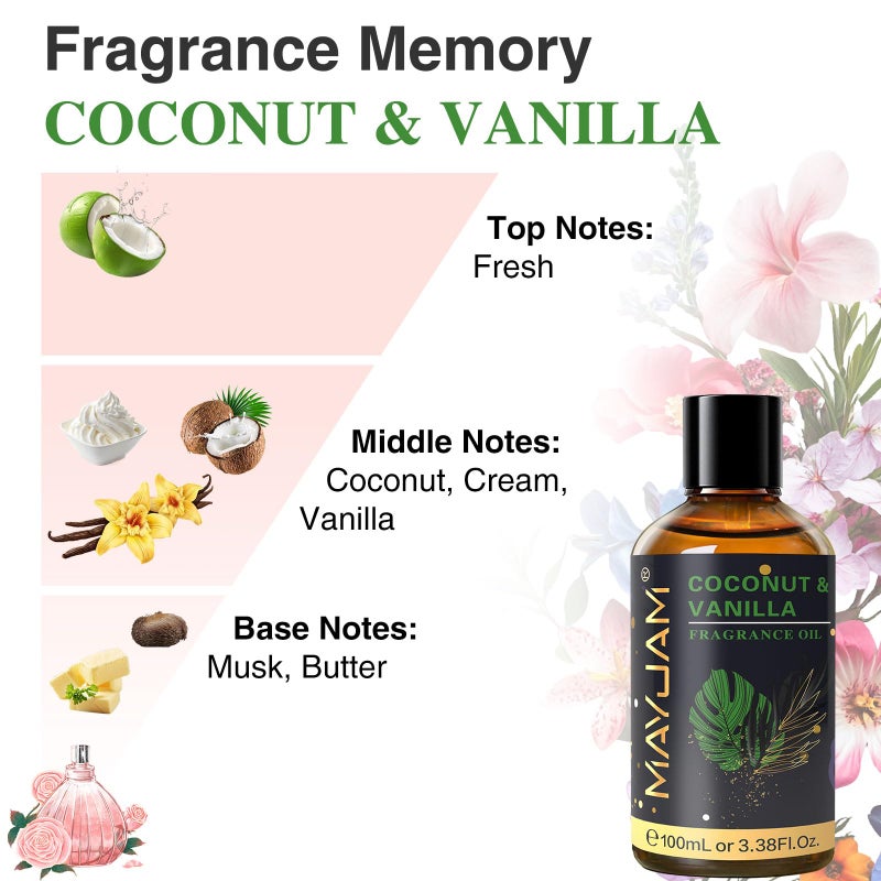 MAYJAM 100ML/3.38FL.OZ Coconut & Vanilla Fragrance Oils with Glass Dropper, Essential Oils for Diffusers for Home, Long Lasting Scented Oils for Diffusers Soap Candle Making - Image 4